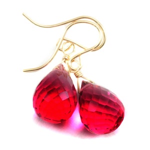 Simulated Pink Watermelon Tourmaline Earrings Faceted Teardrop Bright Hot Pink Fuchsia Magenta Sterling Silver 14k Gold Filled Fat Briolette