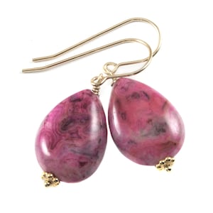 Pendientes de ágata rosa Natural Gota lisa Lágrimas con cuentas Acentos Plata de ley o Oro macizo de 14k o Relleno Magenta Fucsia Gota Simple