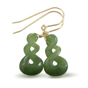 Boucles d'oreilles en jade vert néphrite naturel sculpté en forme de larme à l'infini triple or jaune massif 14 carats ou rempli ou gouttes simples uniques en argent sterling