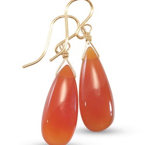 Carnelian Earrings Smooth Long Teardrop Sterling Silver or 14k Solid Gold or Filled natural earthy orange  simple drops Spyglass Designs