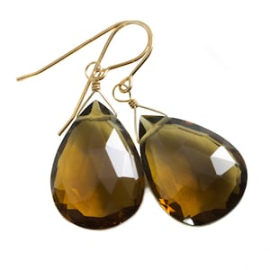 Whiskey Cognac Smokey Quartz Earrings Sterling Silver or 14k Solid Yellow Gold or Yellow or Rose Filled Large Teardrop Natural Classic Drops