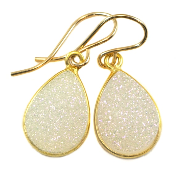 White Drusy Earrings Druzy Teardrop Sterling Silver or 14k yellow solid gold or filled Bezel Simple Drops Fine Druse Quartz Spyglass Designs