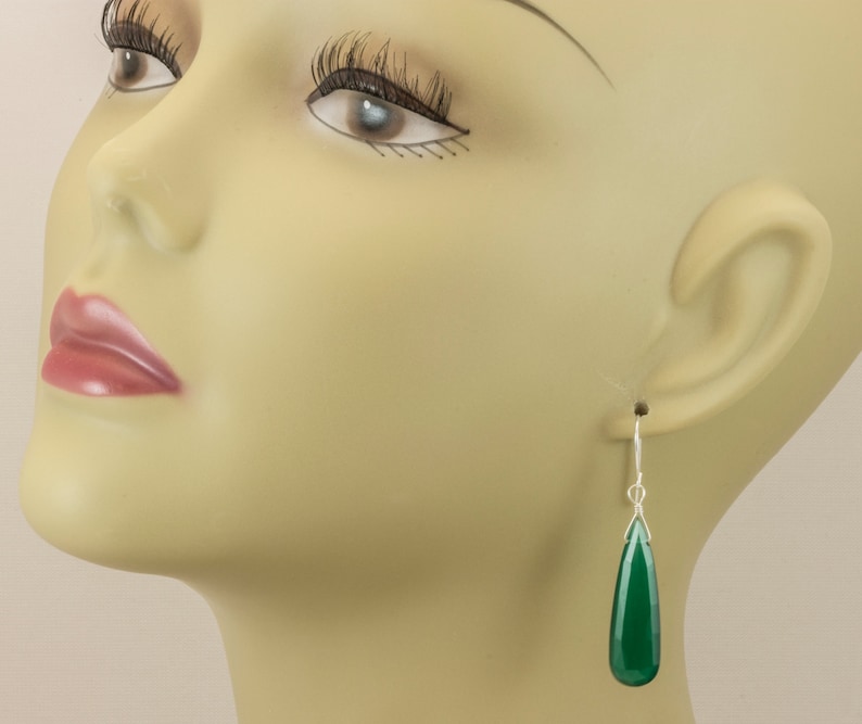 Green Onyx Earrings Faceted Long AAA Drop Dangle Large Narrow Teardrop Sterling Silver or 14k Gold Filled Rich Emerald Green Color Drops