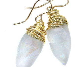 Rainbow Blue Moonstone Earrings 14k Solid Gold or Yellow or Rose Filled or Sterling Silver Faceted Wire Wrapped Teardrop Briolette Drops