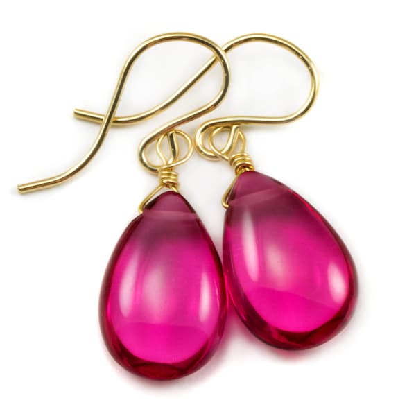 Hot Pink Earrings Smooth Pear Simulated Sapphire Teardrop Drops Dangle Sterling Silver or 14k Solid Gold  or Filled Bright Fuchsia Magenta