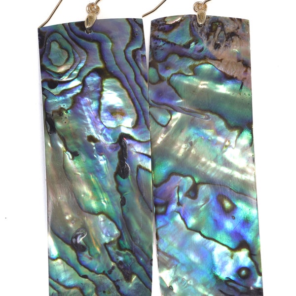 Abalone Paua Shell Earrings Natural Peacock Rectangle 14k Solid Gold or Filled or Sterling Silver Super X Large MOP Drops  Mother of Pearl