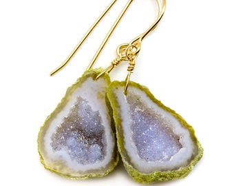 Baby Geode Earrings Tabasco White  Druzy Oval 14k Gold Filled Polished Drusy Paired AAA Natural Fine Small Drusy Geodes Earthy Drops