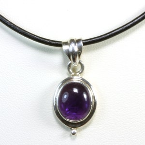 Purple Amethyst pendant smooth Sterling Silver Oval Pendant Black Leather Necklace Bezel Set Deep Color Simple Design Everyday Wear