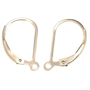 May include: A pair of gold-toned earring hooks with a spring-loaded closure. The hooks are made of metal and have a smooth finish.