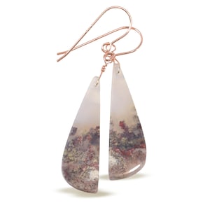 Moss Agate Earrings Natural Smooth Drop Beaded  Long Teardrops 2.3 In Sterling Silver or 14k Solid Gold or Filled Mossy Multi Color