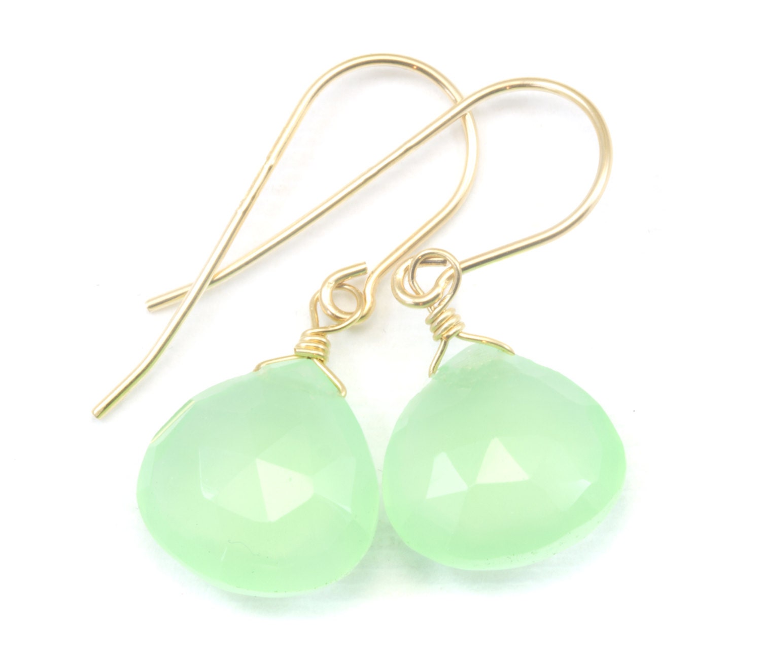 Soft Pale Green Chalcedony Earrings Teardrop Heart Shaped Faceted 14k Solid Gold or Filled or Sterling Silver Simple Dainty Natural Drops