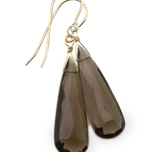Smoky Quartz Earrings Faceted AAA Large Long Briolette Smokey Sterling Silver or 14k solid Gold or Filled Rich Smoky simple drops Spyglass