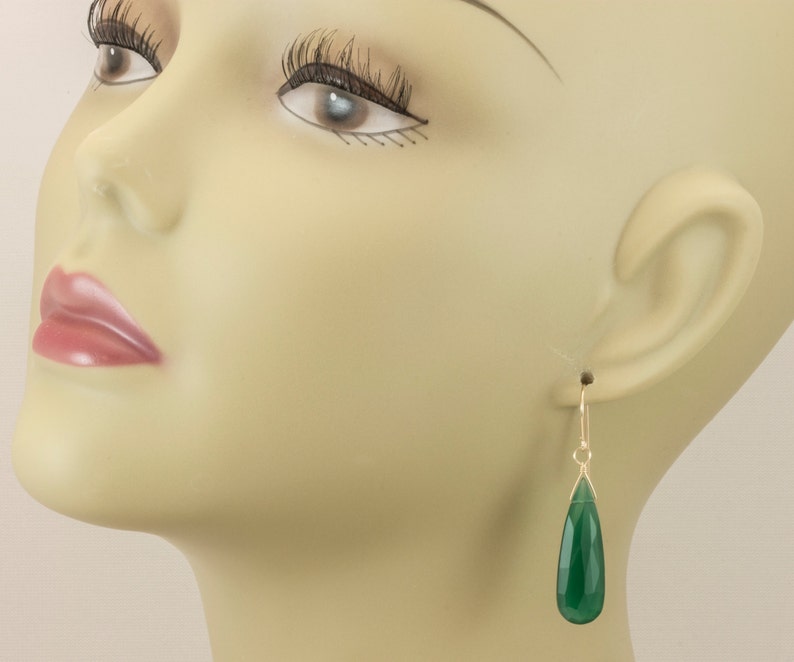 Green Onyx Earrings Faceted Long AAA Drop Dangle Large Narrow Teardrop Sterling Silver or 14k Gold Filled Rich Emerald Green Color Drops