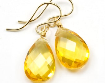 Yellow Sim Citrine Quartz Earrings faceted Teardrop Dangle 14k gold filled or Sterling Silver Spyglass Designs Bright Yellow Pear Drops