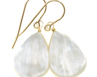 Mother of Pearl Earrings White Shell Teardrop Natural 14k Solid Gold or Filled or Sterling Silver Natural Simple Large Fat High Luster MOP