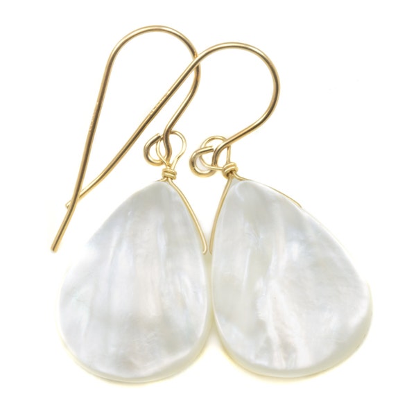 Mother of Pearl Earrings White Shell Teardrop Natural 14k Solid Gold or Filled or Sterling Silver Natural Simple Large Fat High Luster MOP