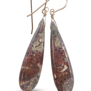 Moss Agate Earrings Natural Smooth Drop Beaded  Long Teardrops 2.3 In Sterling Silver or 14k Solid Gold or Filled Mossy Red Green Multi