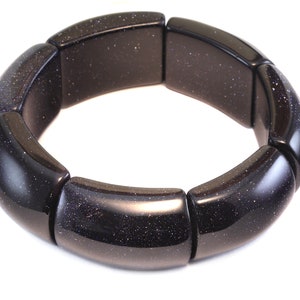 Goldstone Bracelet Large Chunky Bangle Style Stretchy Blue Rectangular shaped Stones 6.5 7 Inches Adjustable natural Polished Large