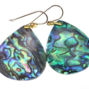 Abalone Paua Shell Earrings Large Natural Peacock 14k Solid Gold or Filled or Sterling Silver Teardrop  Blue Mother of Pearl Dangles Select