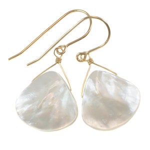Mother of Pearl Earrings White Shell Heart Shape Teardrop Natural 14k Solid Gold or Filled or Sterling Silver Large Fat High Simple Drop MOP