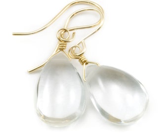 Natural Crystal Clear Quartz Earrings Sterling Silver 14k Solid Gold or 14k Rose Gold Filled Teardrop Dangle Smooth teardrops simple daily