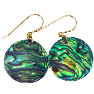 Abalone Paua Shell Earrings Natural Peacock Round 14k Solid Gold or Filled or Sterling Silver Large MOP Drops AAA Green Blue Mother of Pearl