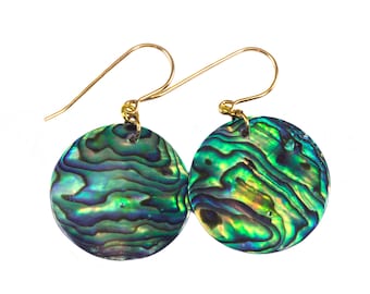 Abalone Paua Shell Earrings Natural Peacock Round 14k Solid Gold or Filled or Sterling Silver Large MOP Drops AAA Green Blue Mother of Pearl
