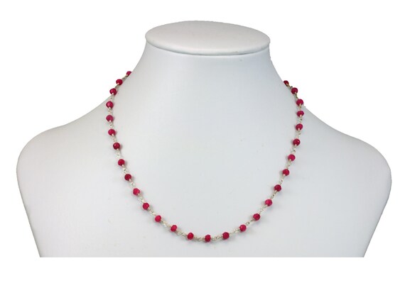 Red Ruby Necklace Spaced Chain Link Faceted Beaded Sterling Silver