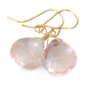 Rose Quartz Earrings Pink Dainty Heart Teardrop Dangle Sterling Silver or 14k solid Gold or Filled Classic Faceted Simple Everyday