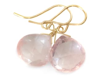 Rose Quartz Earrings Pink Dainty Heart Teardrop Dangle Sterling Silver or 14k solid Gold or Filled Classic Faceted Simple Everyday