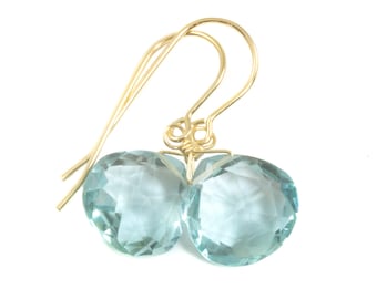 Aquamarine Earrings faceted simulated aqua Heart Drop Teardrop Sterling Silver or 14k Solid Gold or Filled Soft Aqua Blue Simple Dainty