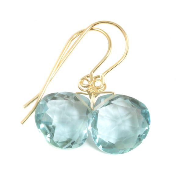 Aquamarine Earrings faceted simulated aqua Heart Drop Teardrop Sterling Silver or 14k Solid Gold or Filled Soft Aqua Blue Simple Dainty