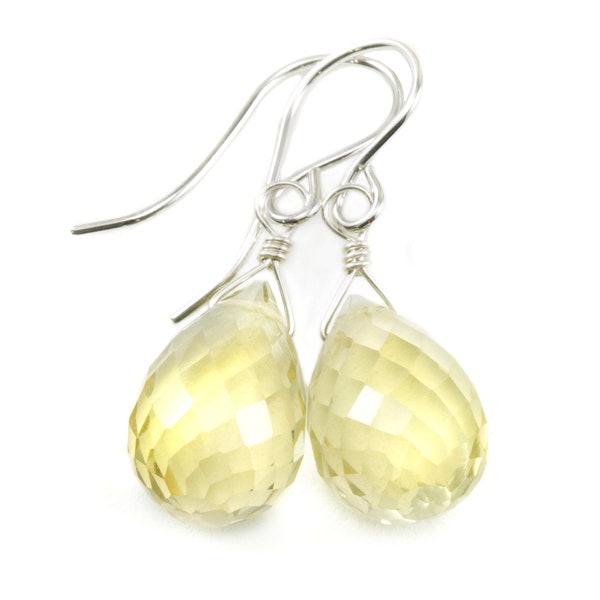 Lemon Yellow Quartz Earrings Pear Teardrop Faceted Briolette Sterling Silver or 14k Solid Yellow Gold or Filled Simple Classic Dangles Drops