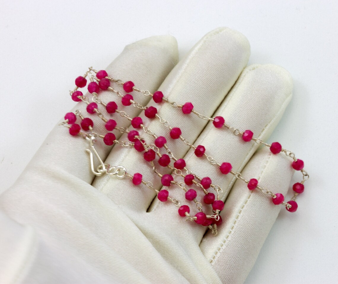 Red Ruby Necklace Spaced Chain Link Faceted Beaded Sterling Silver or ...