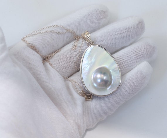 Blister Pearl Pendant Necklace Sterling Silver or 14k Gold Vermeil Large  White Silvery Colors Mother of Pearl Natural Luster Bezel 20 Inch - Etsy