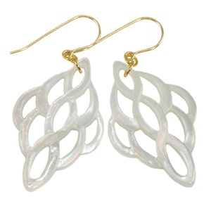 Mother of Pearl Earrings White Shell Carved Infinity Teardrop Natural 14k Gold Filled or Sterling Silver Large High Luster MOP Drops 2 Inch