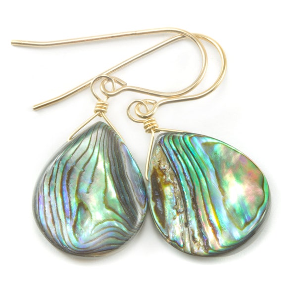 Abalone Paua Shell Teardrop Earrings Natural Peacock 14k Solid Gold or Filled or Sterling Silver Curved Drops Blue Green MOP Mother of Pearl