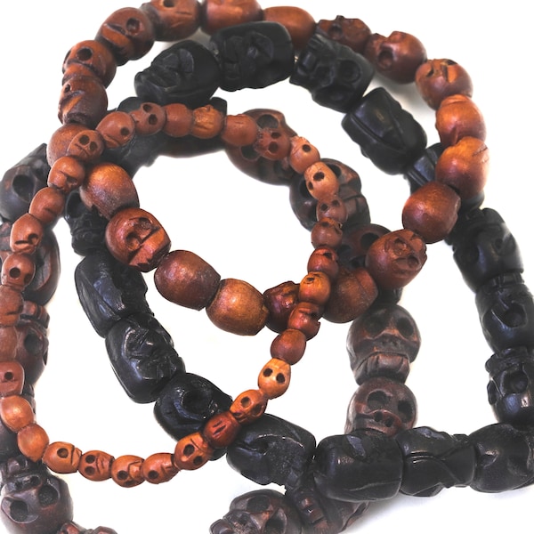 Skull Bracelet Carved Brown or Black Wood Small Medium Large Size Wooden Skulls 7 8 9 Inch Women Man Men's Bracelet Stretchy Tibetan Prayer