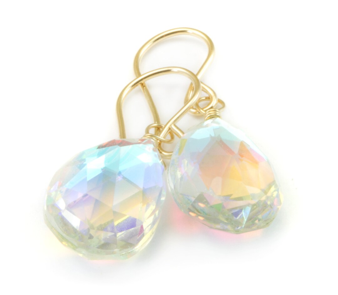 Mystic Clear Rainbow Quartz Earrings Pear Teardrop Faceted 14k Solid