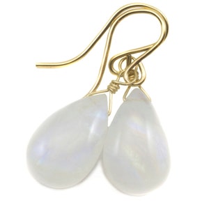 Rainbow Blue Moonstone Earrings Sterling Silver or 14k Solid Gold or Filled Smooth Pear Teardrop Natural Real High Quality Simple Drops