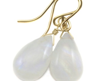 Rainbow Blue Moonstone Earrings Sterling Silver or 14k Solid Gold or Filled Smooth Pear Teardrop Natural Real High Quality Simple Drops