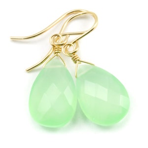 Green Chalcedony Earrings Soft Pale Teardrop AAA Pear Shaped Faceted 14k Solid Gold or Filled or Sterling Silver Natural Simple Drops