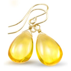 Citrine Earrings smooth Yellow Simulated Teardrop Dangle 14k solid gold or filled or Sterling Silver Spyglass Designs Simple Basic Drops