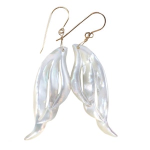 Mother of Pearl Earrings White Shell Carved Relief Feather Wing Teardrop Natural 14k Gold or Filled or Sterling Silver Large MOP 2.6 Inches
