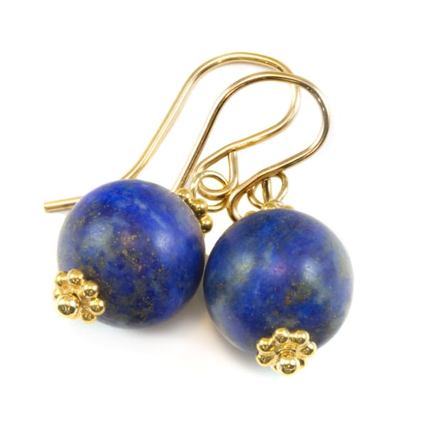 Blue Lapis Earrings Lazuli Natural Round Denim Matt Finish Drop Sterling Silver 14k solid gold or 14k Gold Filled Rich Beaded Accents