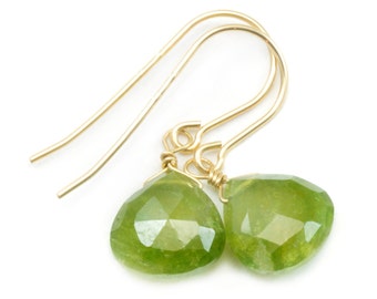 Green Vesuvianite Earrings Faceted Heart Shaped Teardrops 14k Gold Filled or Sterling Silver Natural Real Dainty Simple Rare Unique Drops