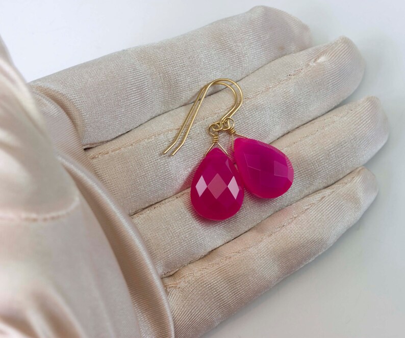 Hot Pink Chalcedony Earrings AAA Faceted Large Drops 14k Solid Gold or Filled or Sterling Silver Pear Fuchsia Magenta Classic Drops image 2