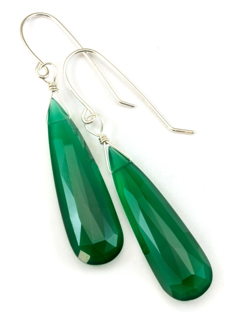 Green Onyx Earrings Faceted Long AAA Drop Dangle Large Narrow Teardrop Sterling Silver or 14k Gold Filled Rich Emerald Green Color Drops