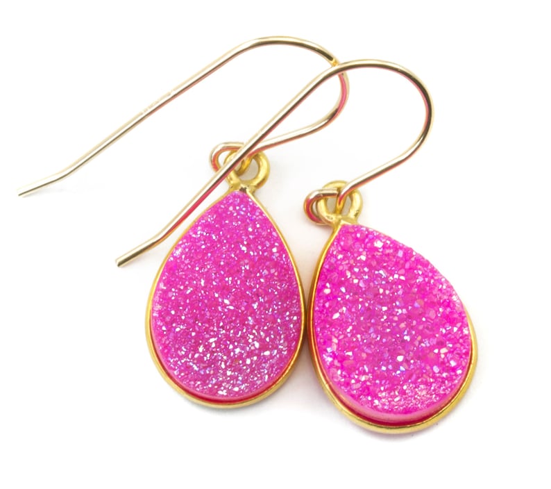 Hot Pink Drusy Earrings Druzy Teardrop Sterling Silver or 14k Etsy