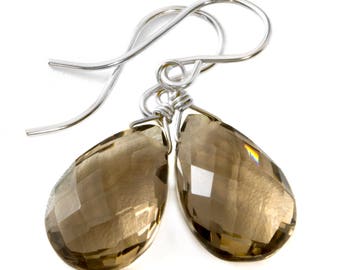 Pendientes de cuarzo ahumado, forma de pera facetada, forma de lágrima, briolette ahumado, plata de ley o chapado en oro de 14 k o oro macizo de 14 k, gotas sencillas para uso diario.
